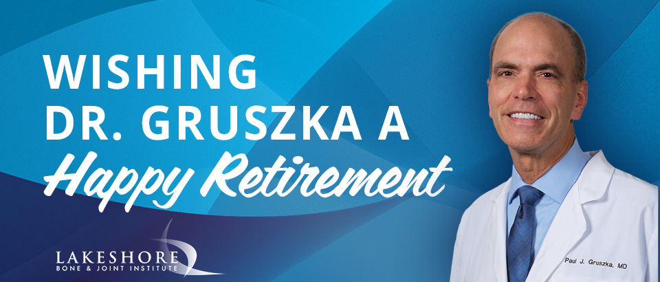 Dr. Gruska in lab coat smiling, next to text wishing him a happy retirement with LBJI logo